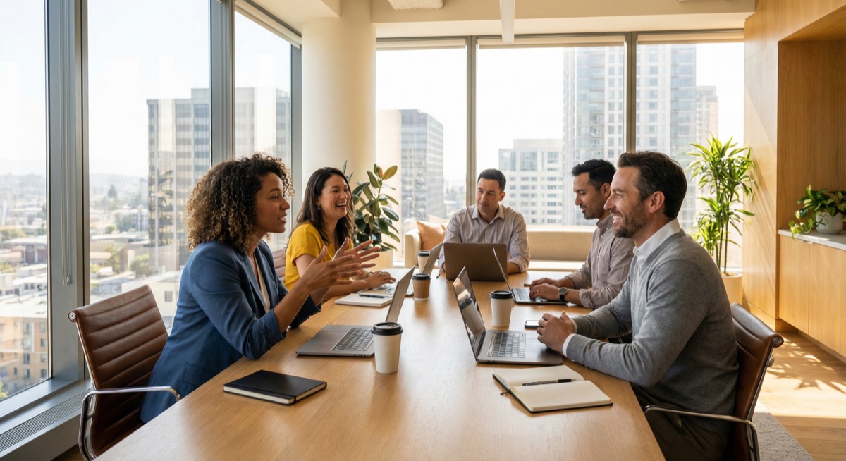 Business team collaborating with AI tools